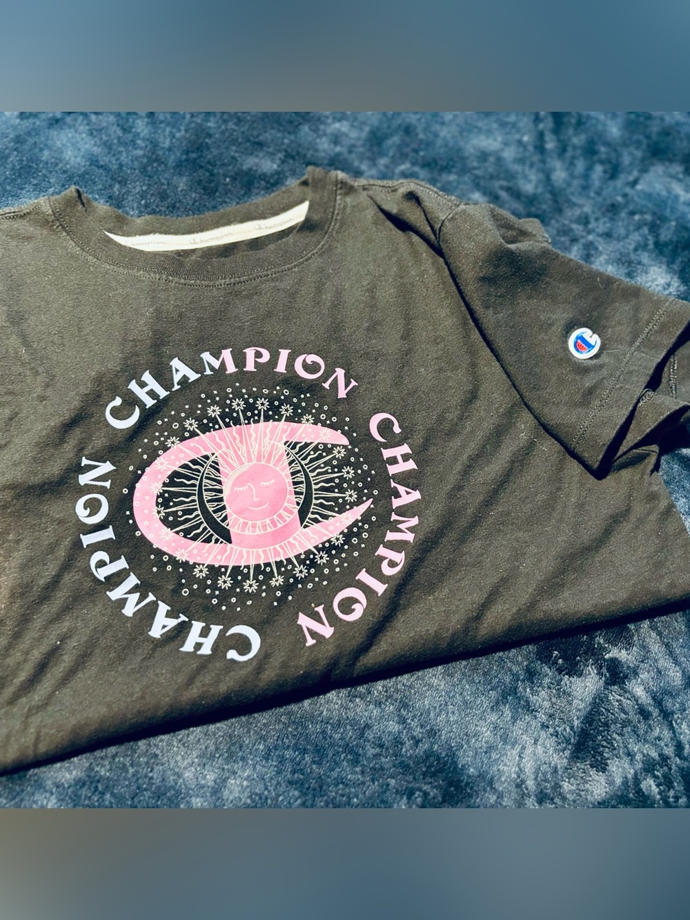 Champion Women’s Black Tee with Pink Celestial Logo
